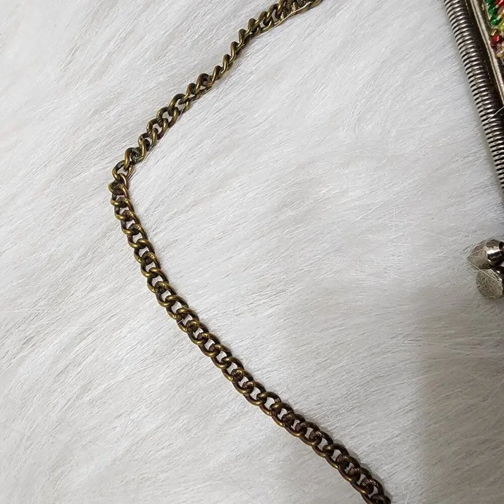 Vintage unbranded glass‎ seed beaded gold, red & green clutch chain handle purse